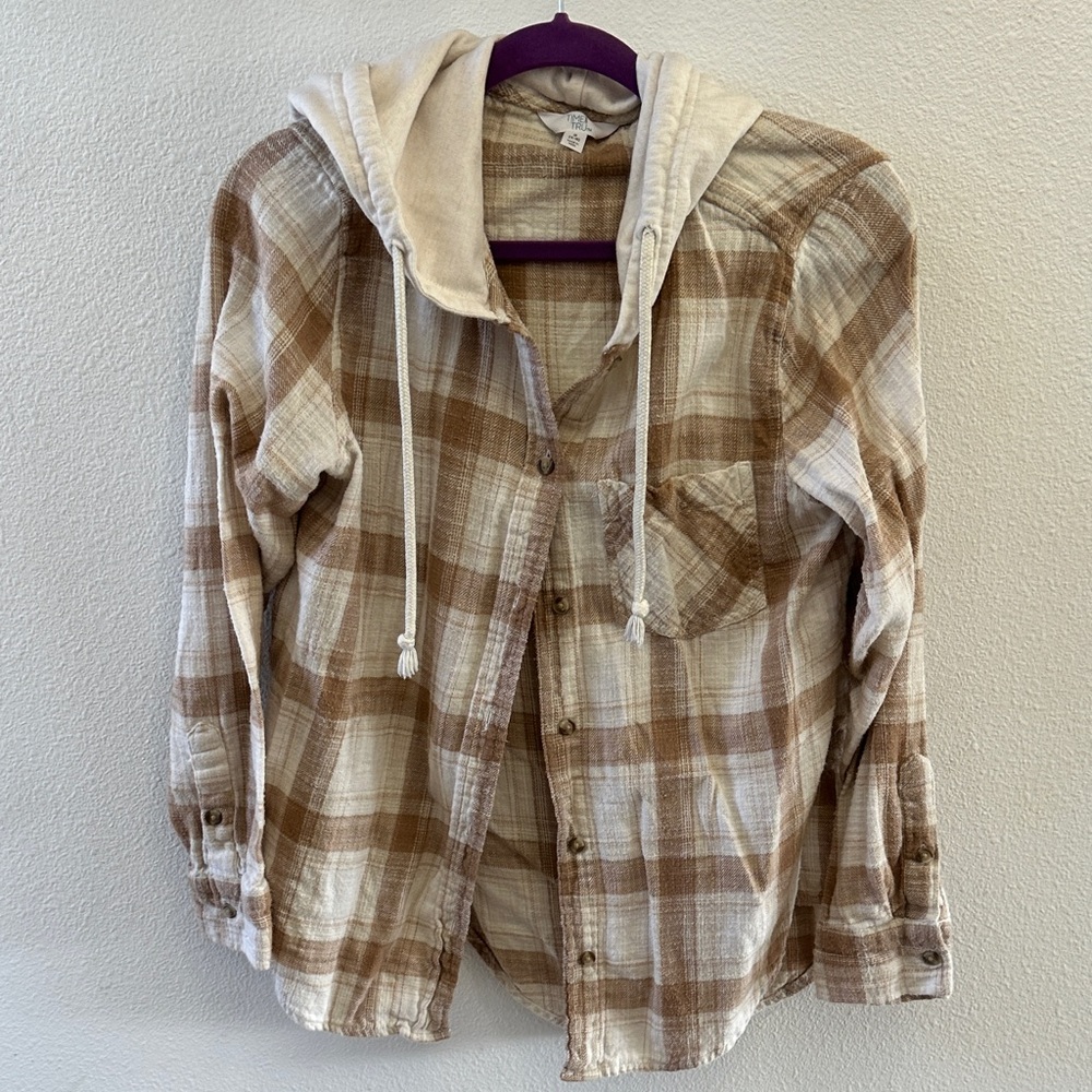 Time and Tru Brown and Cream Plaid Hoodie Shirt